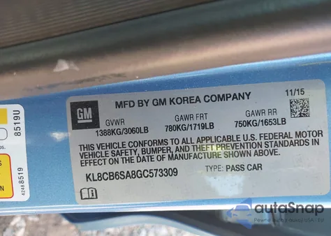 2016 Chevrolet Spark Ls from USA, damaged, VIN KL8CB6SA8GC573309